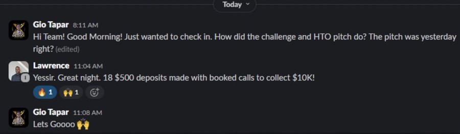 Slack message — 18 $500 deposits made with booked calls to collect $10K