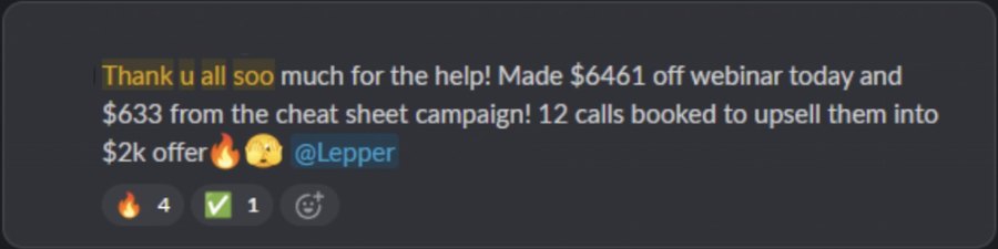 Slack message — $6,461 made off the webinar, 12 calls booked to upsell