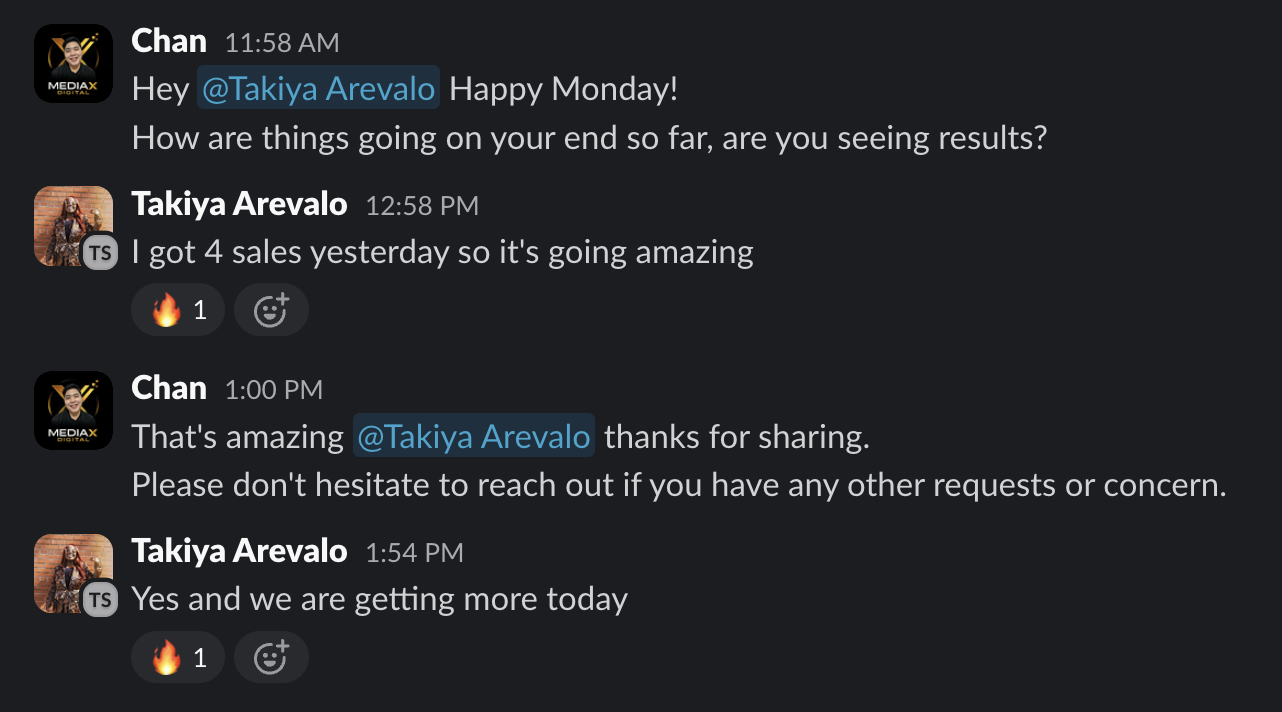 Client Slack — I got 4 sales yesterday so it's going amazing
