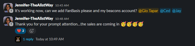 Client Slack — thank you for the prompt attention, the sales are coming in