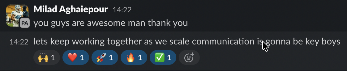 Client Slack — you guys are awesome, let's keep working together as we scale